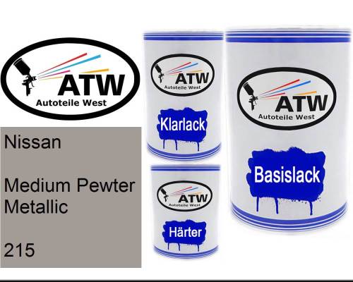 Nissan, Medium Pewter Metallic, 215: 500ml Lackdose + 500ml Klarlack + 250ml Härter - Set, von ATW Autoteile West.